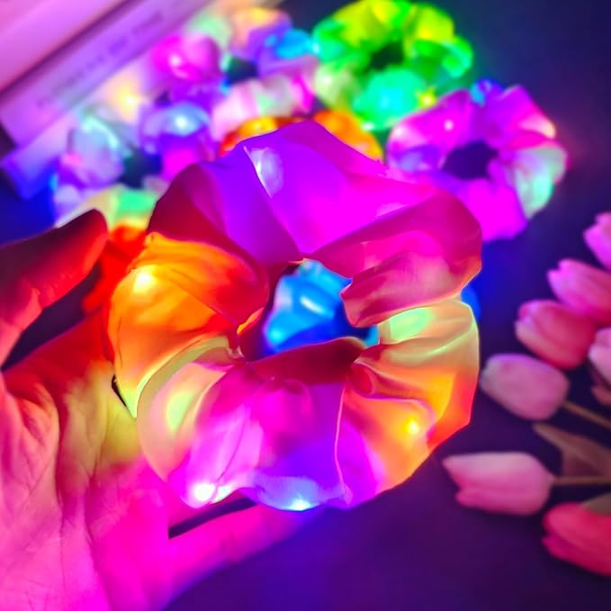 8 PCS Light up Scrunchies for Girls, Glow in the Dark Party Supplies, 3 Glow Mode Satin Scrunchy