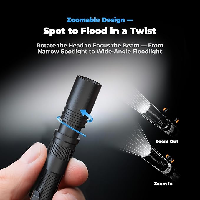 Rechargeable Pen Light Flashlight, 800LM Zoomable Pocket Flashlights with Clip Dual Modes LED Pen