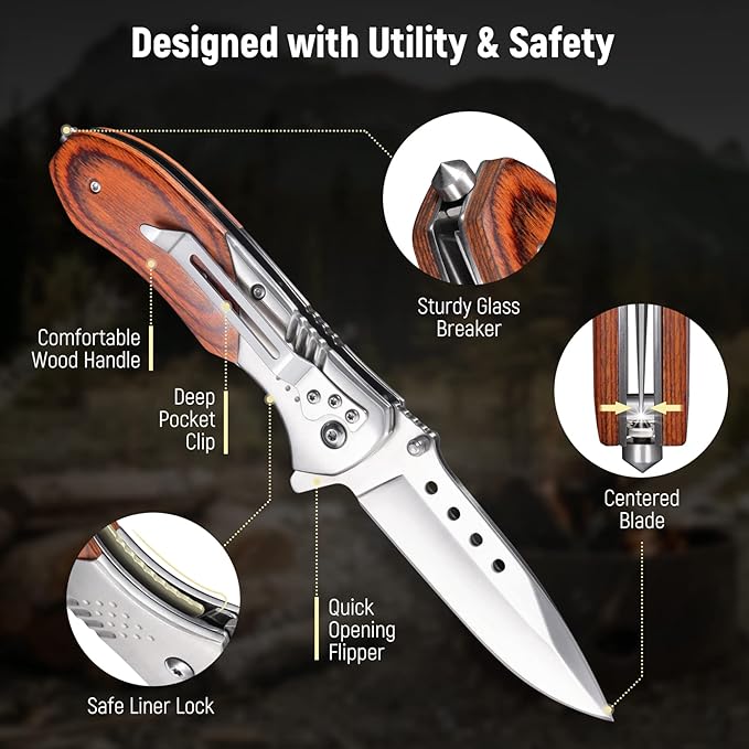 Pocket Knife for Men - 3.46" Sharp Blade Wood Handle Pocket Folding Knives with Clip, Glass Breaker