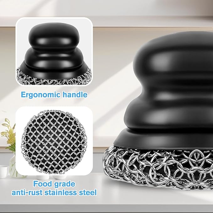Onewly Cast Iron Scrubber (2 × Black Coarse Mesh) and and Scraper, Chain Mail Scrubber for Cleaning