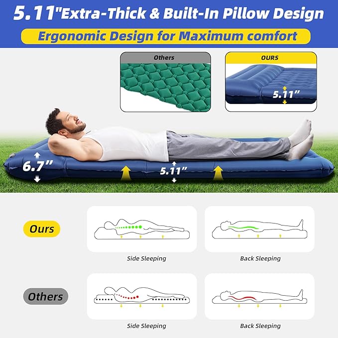 32.68" Extra Wide Sleeping Pad for Camping, Camping Mattress with Pillow, Inflatable Sleeping Pads
