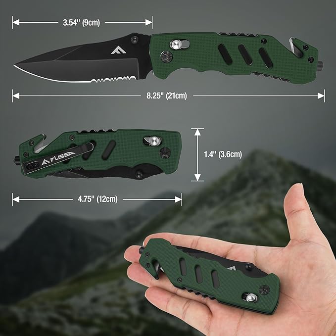 FLISSA Folding Pocket Knife with Clip, Glass Breaker and Seatbelt Cutter, Survival Knife for