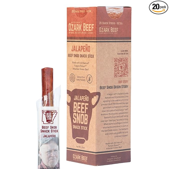 Beef Snob Snack Sticks - Jalapeño Flavor - 1 Ounce Snack - 20 Meat Sticks Per Box - High Protein