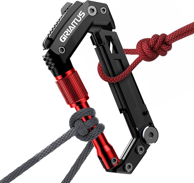Carabiner Multitool with Pocket Knives, EDC Carabiners, Serrated Knife, Rope Cutter, Screwdriver