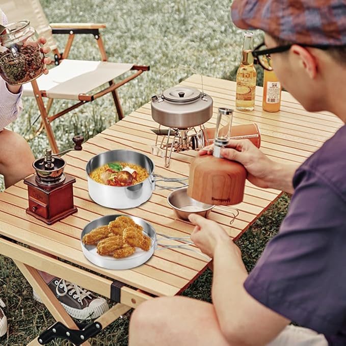 Camping Cookware Mess Kit, Backpacking Cooking Set Lightweight Stackable Pots and Pans Set Portable