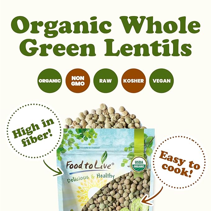 Food to Live Organic Whole Green Lentils, 5 Pounds - Non-GMO, Dried Raw Beans, Sproutable, Vegan