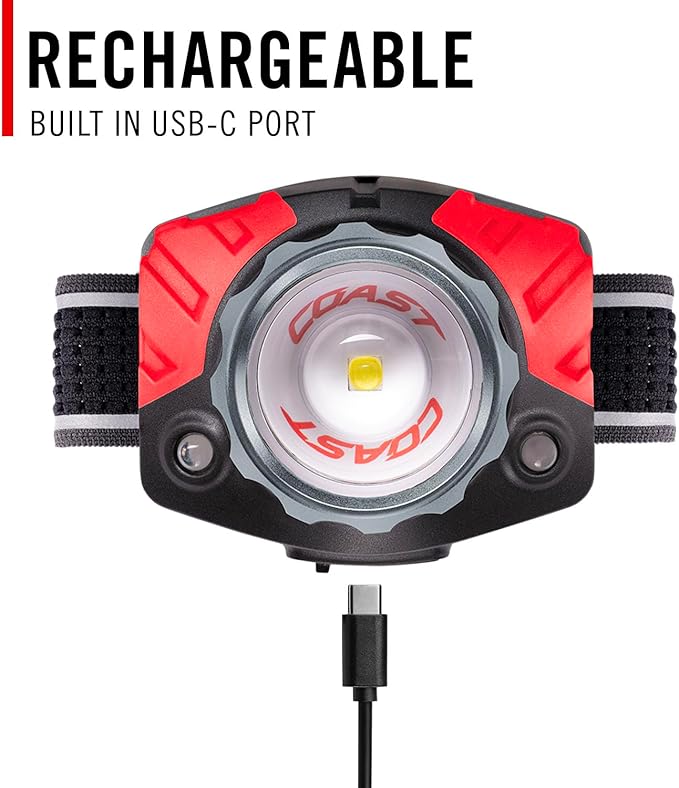 Coast® FL85R 1000 Lumen Tri-Color (White/Red/Green) Focusing Rechargeable LED Headlamp, Built-in