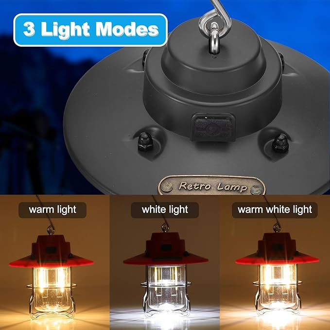 PATIKIL LED Camping Lantern, 2 Pack Vintage Rechargeable Lantern 3 Light Modes Portable Hanging