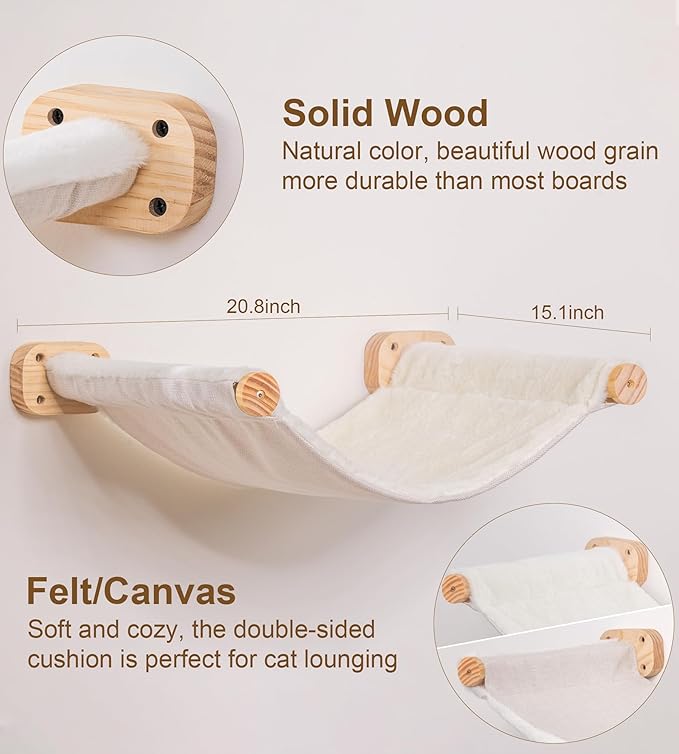 Cat Wall Hammock Shelves, Dual-Sided Cat Bed with Canvas & Plush Fabric, Wall Mounted Shelf for