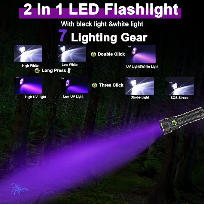 2-in-1 365nm UV Flashlight & High Lumens LED Flashlight, 7 Modes Rechargeable, 18H Runtime, IPX5
