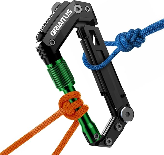 Carabiner Multitool with Pocket Knives, EDC Carabiners, Serrated Knife, Rope Cutter, Screwdriver