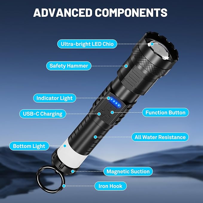 Rechargeable Flashlight High Lumens - 3000 Lumens Waterproof Police Flashlight, Zoomable Beam LED