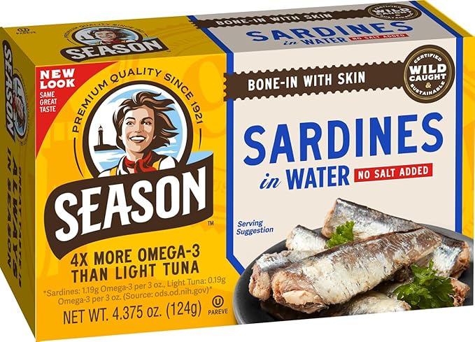 Season Sardines in Water - No Salt Added, Wild Caught, 22g of Protein, Keto Snacks, More Omega 3's