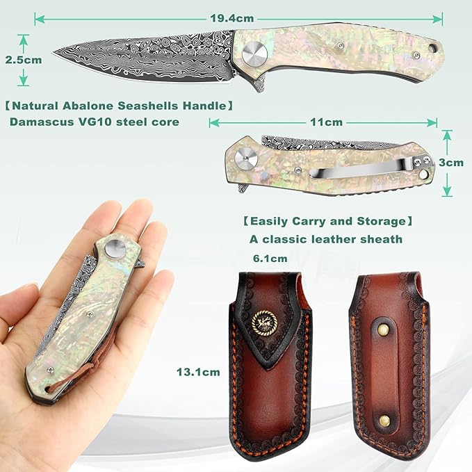 Benkey Damascus Pocket Knife, Extremely Sharp VG10 Core Damascus Steel Folding Knives with Clip and