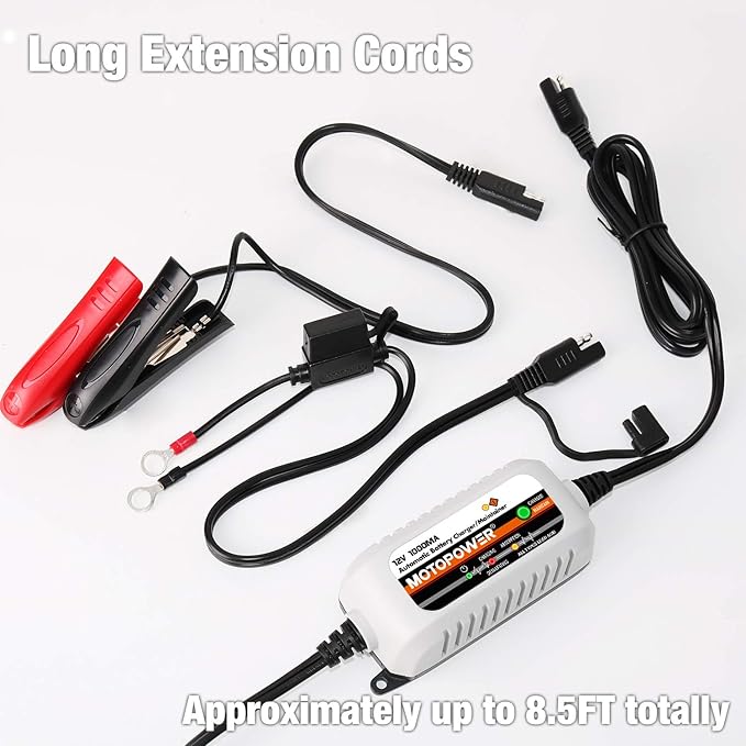 MOTOPOWER MP00205B 12V 1000mA Automatic Battery Charger, Battery Maintainer, Trickle Charger, and