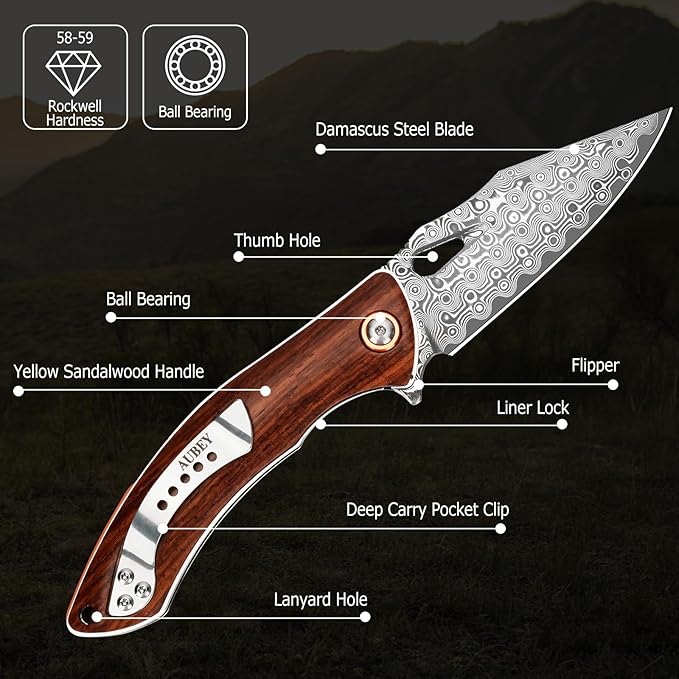 AUBEY Damascus Folding Knife with Clip, Pocket Knife with Wood Handle, EDC Knife for Outdoor Hiking