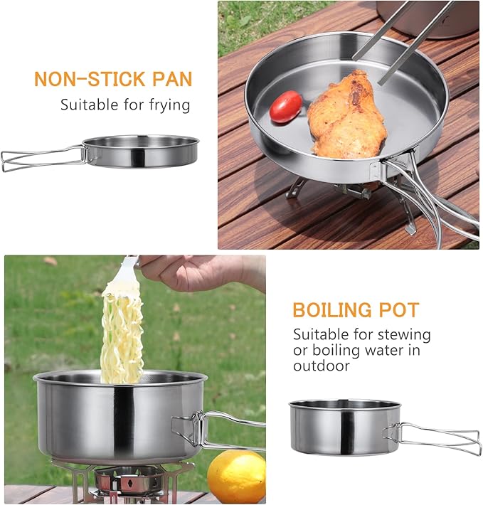 Lixada Camping Cookware Set, 4PCS Portable Stainless Steel Camp Cook Set, Lightweight Stackable