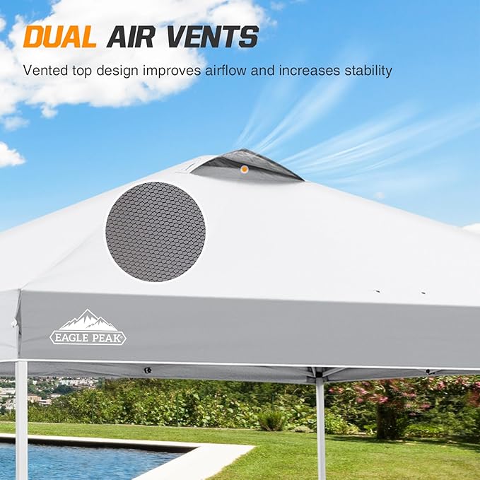 EAGLE PEAK Pop Up Canopy Tent with Wheeled Carry Bag, 8 Stakes, 4 Ropes, 4 Weight Bags, Easy Set Up