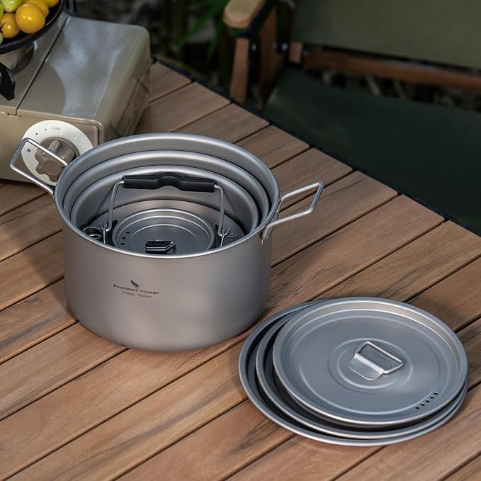 iBasingo 2.4L Titanium Soup Pot with Lid Camping Cookware with Foldable Handle Portable Lightweight