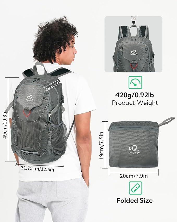 WATERFLY Lightweight Packable Hiking Backpack: 30L Foldable Travel Daypack Ultralight Camping Day