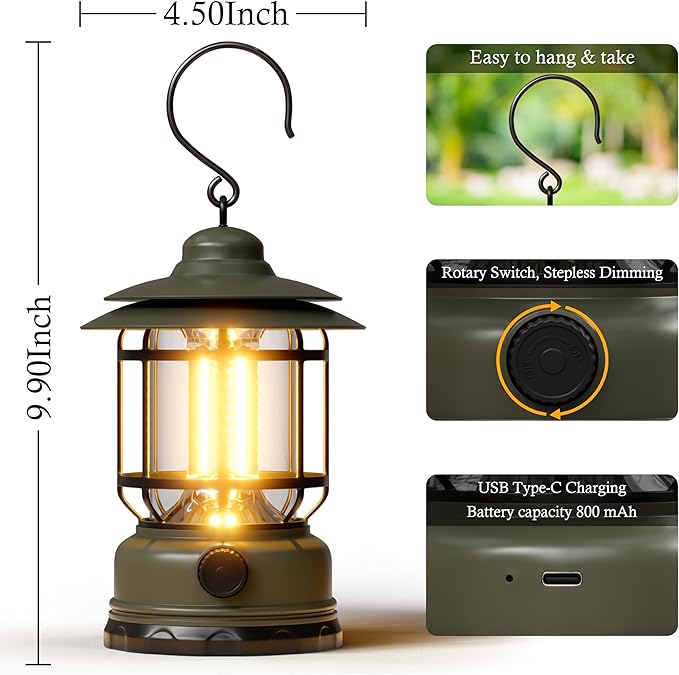 LED Camping Lanterns,1500LM Step-less Dimming, Lightweight Retro Battery Powered USB Rechargeable