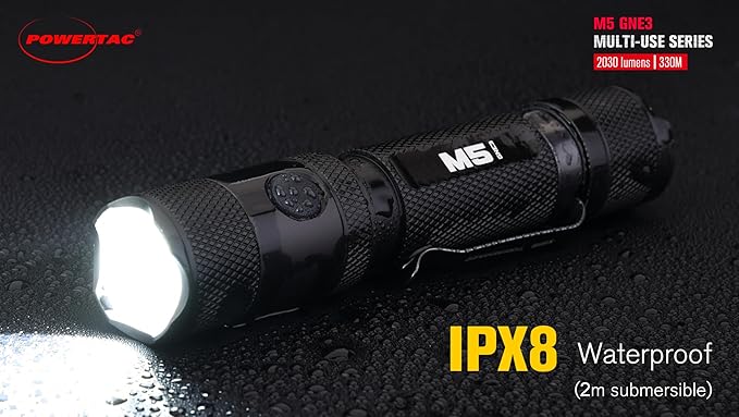 PowerTac M5-G3 2030 Lumens Rechargeable Tactical Flashlight, 330M Throw with Magnetic Charging and