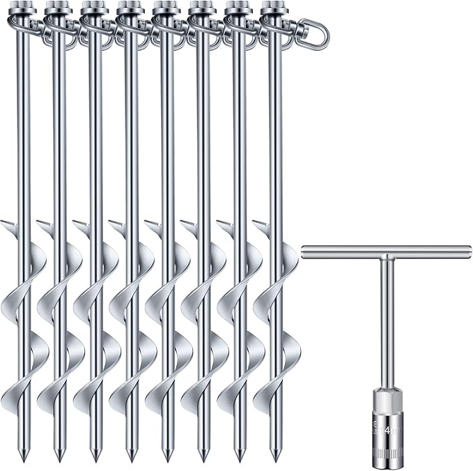Zhengmy 8 Pcs Ground Anchors Screw in, 12 Inch Heavy Duty Tent Stakes with Trampoline Anchor Hook