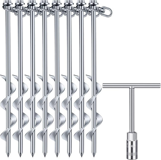 Zhengmy 8 Pcs Ground Anchors Screw in, 12 Inch Heavy Duty Tent Stakes with Trampoline Anchor Hook