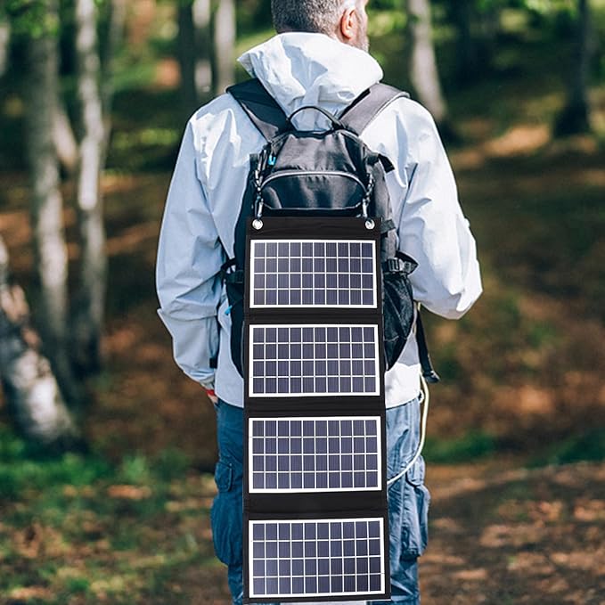 Portable Solar Panel, 30W 5V Foldable Solar Panel Charger with Dual USB Outputs, 4 Fold Water Proof