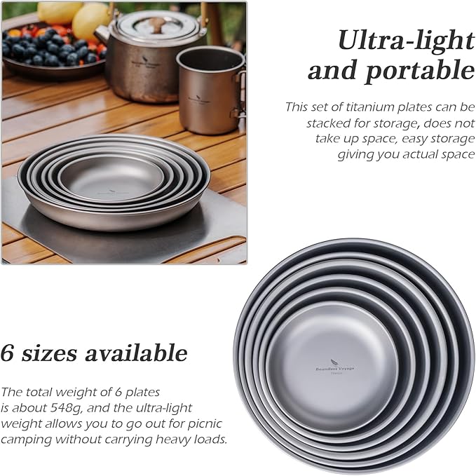 Boundless Voyage Titanium Camping Plate Dishes Saucer Lightweight Round Dinnerware Set Stackable