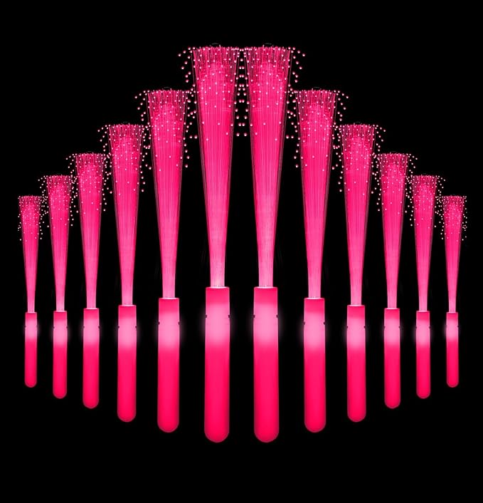 12 Pack Pink Glow Sticks Light Up Fiber Optic Stick Glow Wands Bulk with 3 Flashing Models for