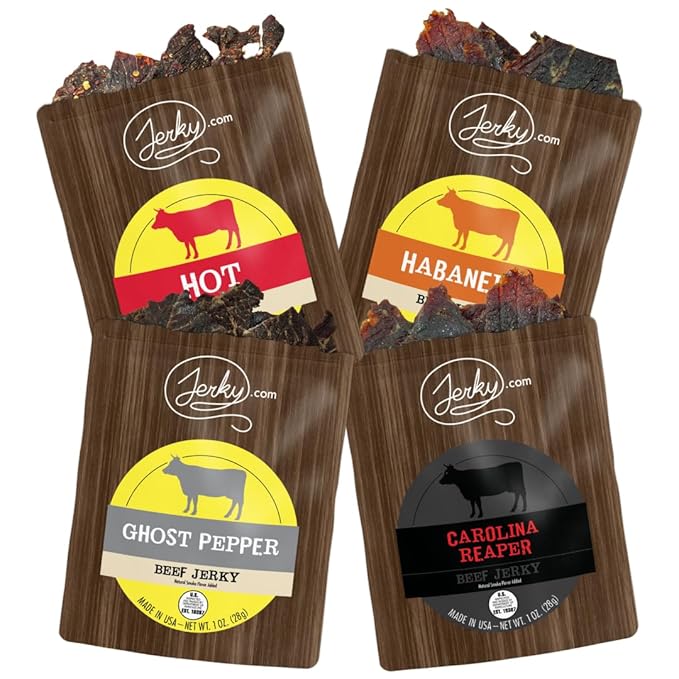 Jerky.com Hot Jerky Sampler - Featuring Habanero, Ghost Pepper, Carolina Reaper, and Classic Hot