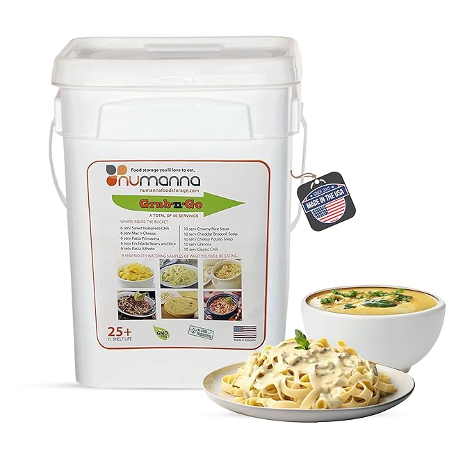 NuManna Grab-n-Go Bucket??80 Servings, 12 lbs Freeze-Dried Premade Meals | 25+ Year Shelf Life |
