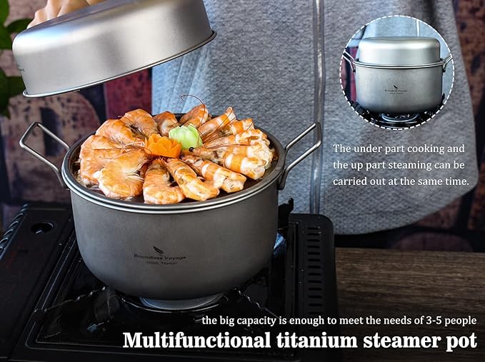 Boundless Voyage Multifunctional Titanium Steamer Pot with Frying Pan and Vented Lid Outdoor