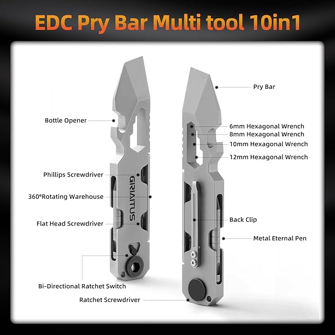EDC Pry Bar Multitool with Bi-Directional Ratchet Screwdriver & Everlasting Pen, Wrenches, Crowbar