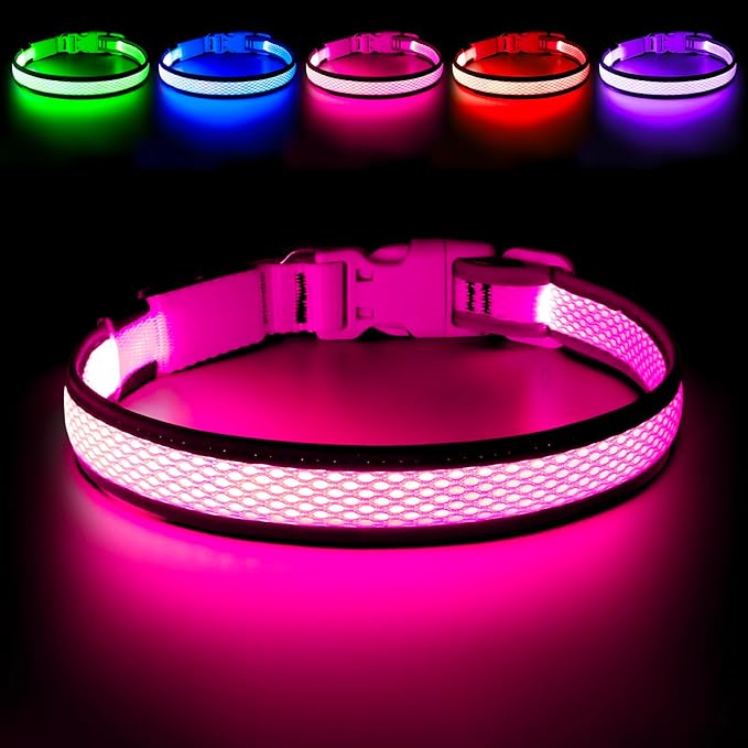 Flashseen LED Dog Collar, USB Rechargeable Light Up Dog Collar Lights, Adjustable Comfortable Soft