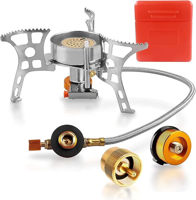 Camping Stove with Fuel Canister Adapter Portable Collapsible Gas Stove with Piezo