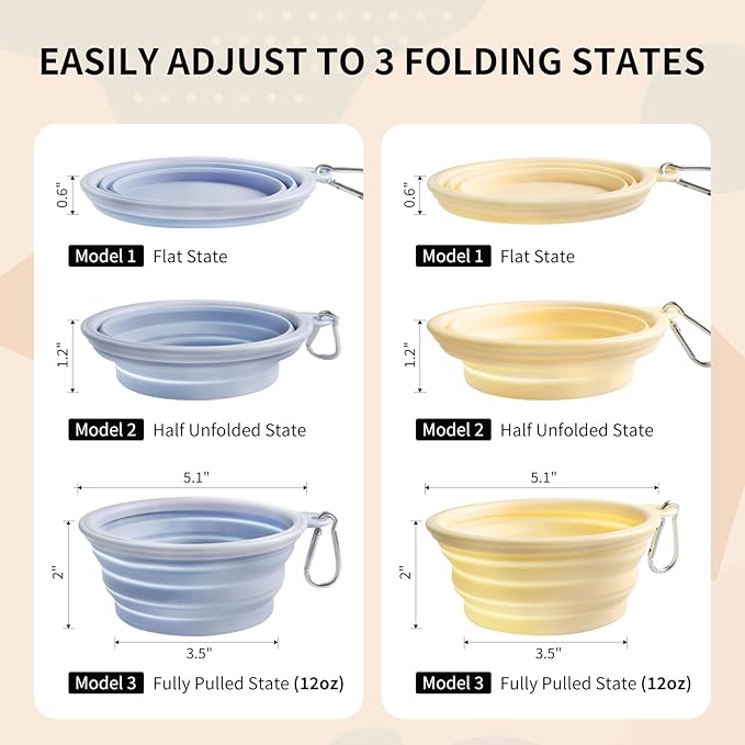 Collapsible Dog Bowls 2-Pack, Portable Travel Dog Bowl with Carabiner, Food-Grade Silicone Pet Bowl