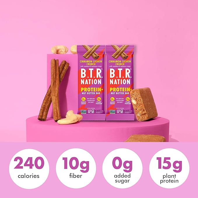 B.T.R. Nation Vegan Keto Plant Based High Protein & High Fiber Bars - Cinnamon Cashew Crunch