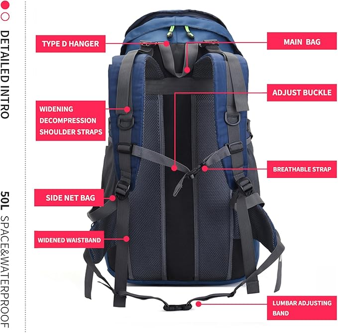 Bseash 50L Hiking Backpack, Water Resistant Lightweight Outdoor Sport Daypack Travel Bag for