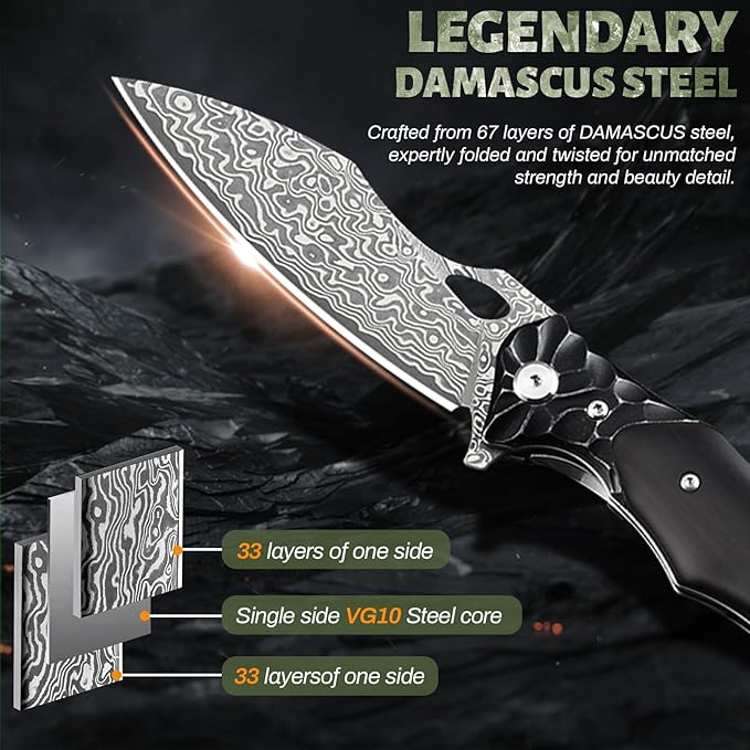 Pocket Knife for Men, Hunting knife with sheath, Damascus Steel Folding knife with Ebony Wood