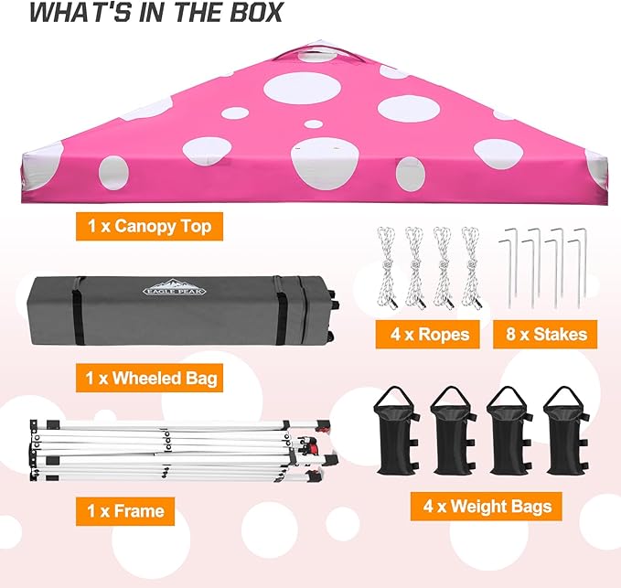 EAGLE PEAK Pop Up Canopy Tent with Wheeled Carry Bag, 8 Stakes, 4 Ropes, 4 Weight Bags, Easy Set Up