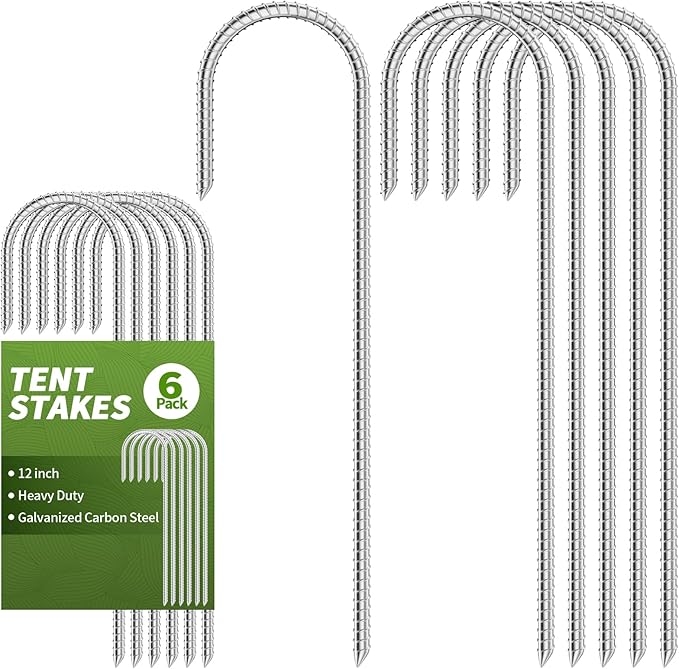 12 Inch Tent Stakes - Durable Galvanized Carbon Steel Trampoline Stakes, Garden Stakes with Thread