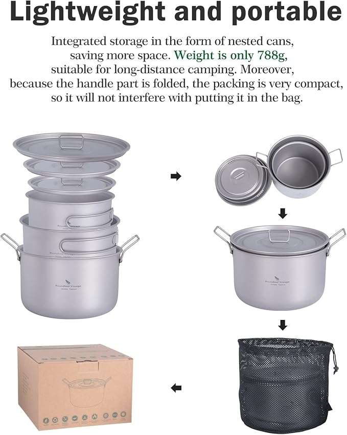 iBasingo 2.4L Titanium Soup Pot with Lid Camping Cookware with Foldable Handle Portable Lightweight