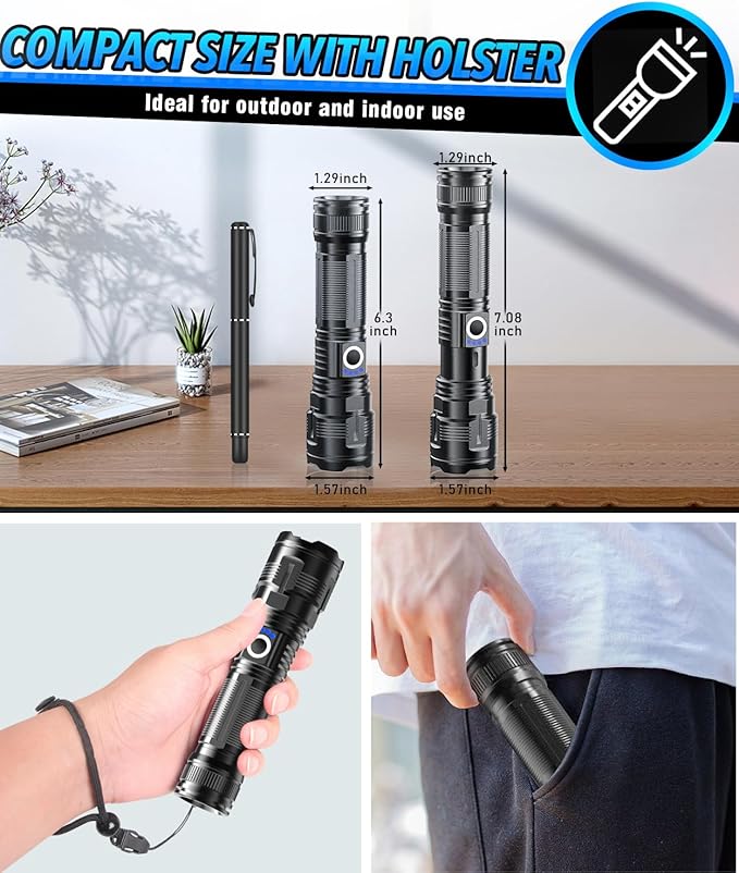 Flashlights High Lumens Rechargeable USB C Flash Light, Super Bright LED Flashlight with Case Box