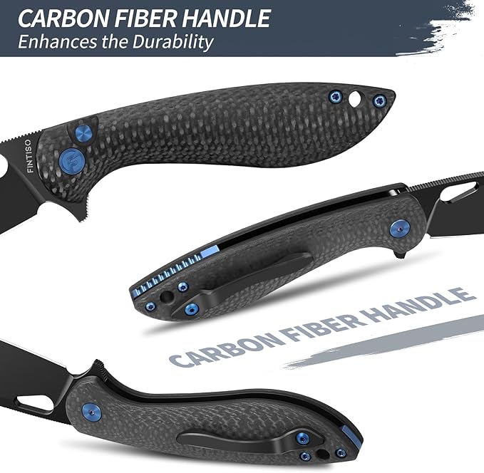 Pocket Knife, 3.1" Unique S35VN Blade Folding Knife with Button Lock, EDC Knife with Carbon Fiber