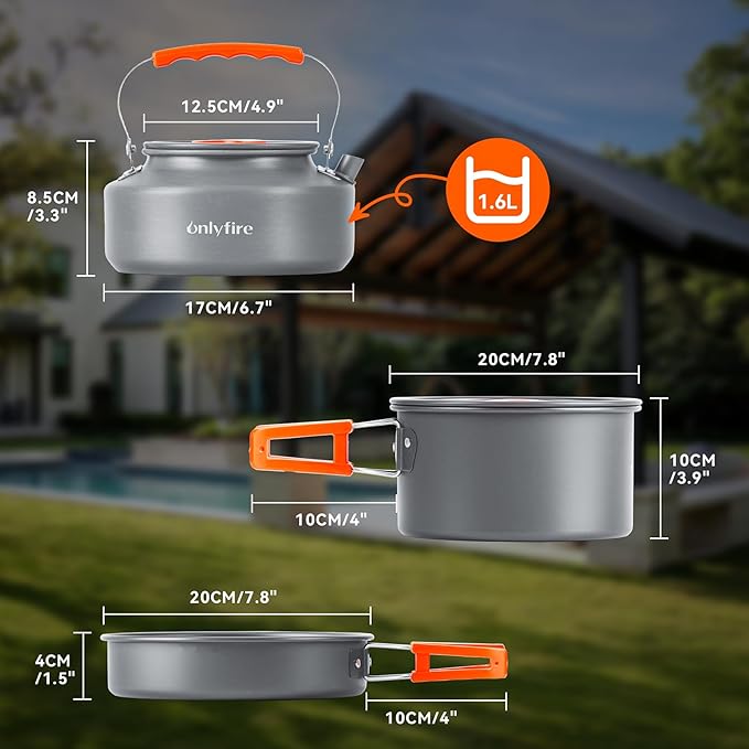 Onlyfire 14pcs Camping Cookware Mess Kit, Non-Stick Lightweight Pot Pan Kettle Set with Plates