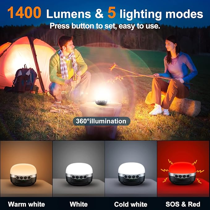 LED Camping Lantern Rechargeable 1400LM, Up to 420H Running Time Camping Tent RGB Light, 10400mAh