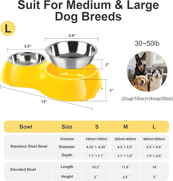 Elevated Dog Bowls Set - Non-Slip Raised Pet Feeder with Medium (2 Cups) & Large (4 Cups) Stainless