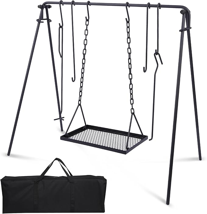 Lineslife Grill Swing Hanging Campfire Cooking Stand with Adjustable Iron Grill Grate, Collapsible